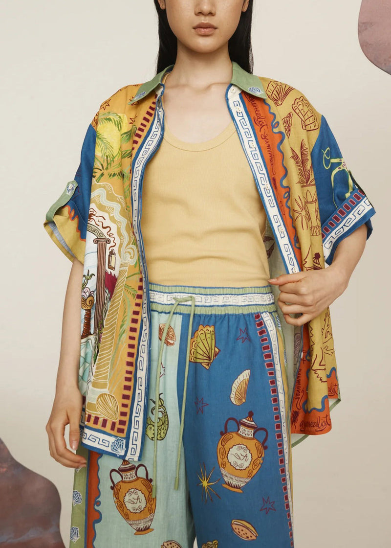 Print Elastic Waist Shirts and Wide Leg Pants Two Pieces Set Short Sleeve