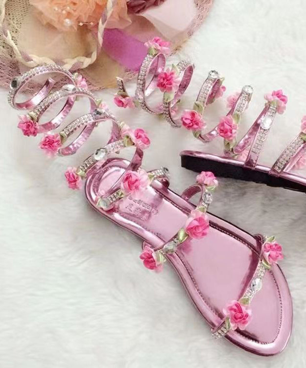 Snake Shaped Entangled Flower Rhinestone Roman Flat Sandals