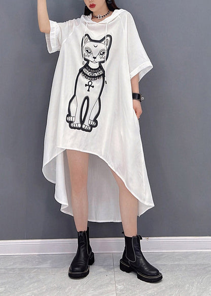 Natural White O-neck Print Low High Design Chiffon Hooded Dress Three Quarter Sleeve