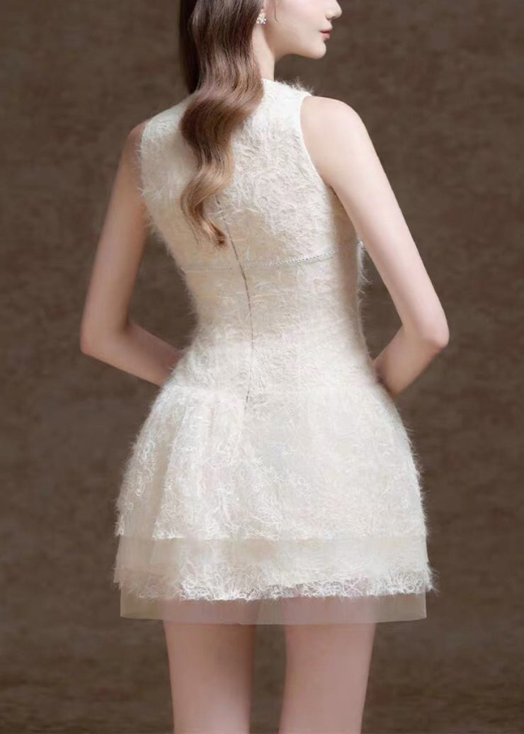 White O Neck Sequins Tulle Mid Dress Sleeveless