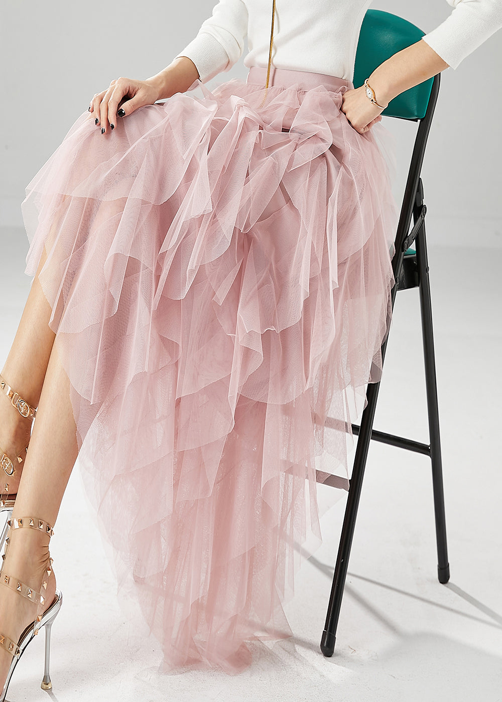 Pink High Waist Ruffles Tulle Skirt Summer