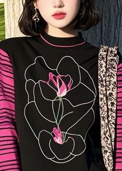 Colorblock O Neck Patchwork Cotton T Shirts Fall