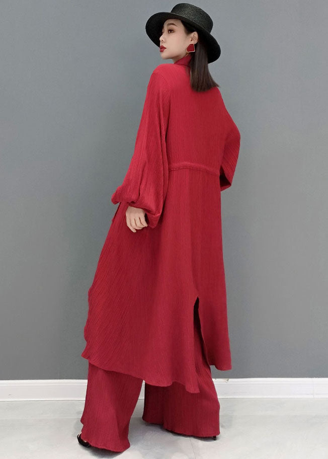 Red Loose Cotton Long Shirt and Straight Pants Two Pieces Set Tie Waist Spring