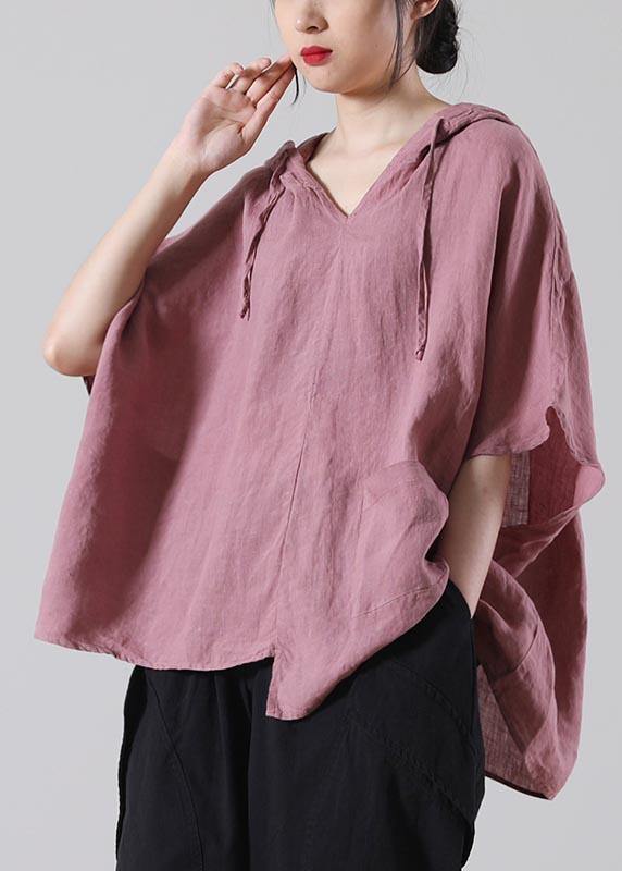 Modern Pink Batwing Sleeve Cotton Linen Summer Top