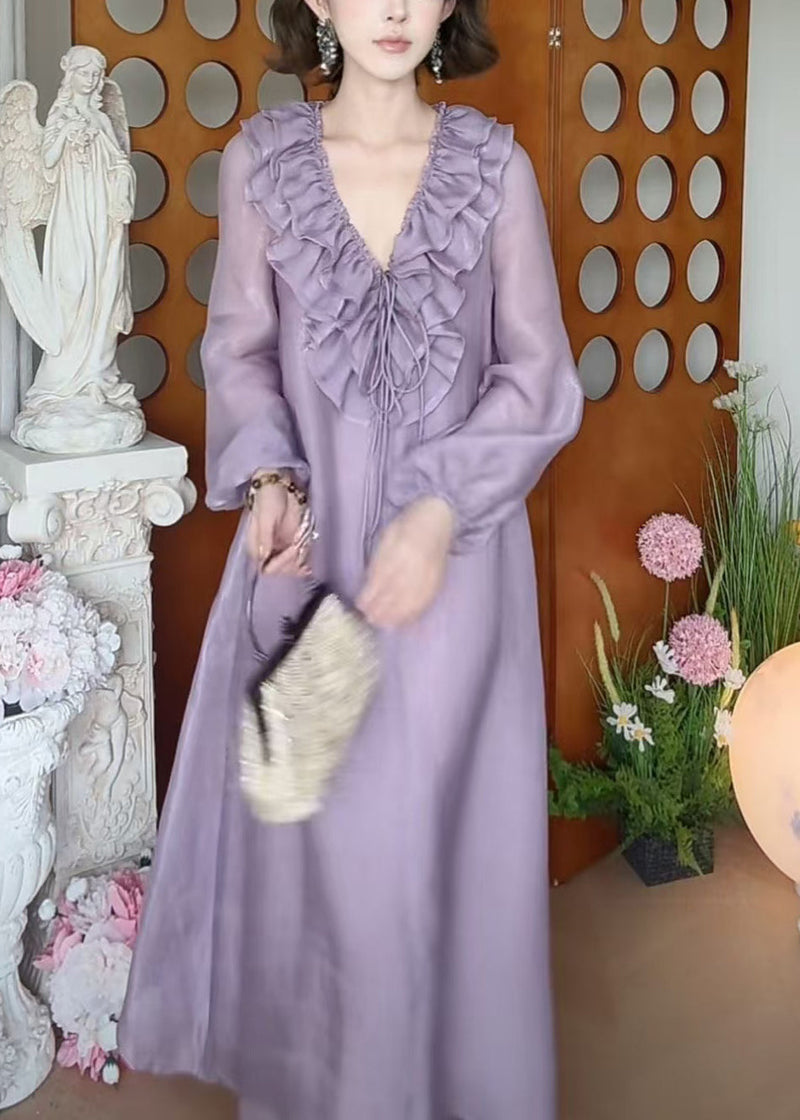 New Purple V Neck Ruffled Lace Up Silk Long Dress Fall