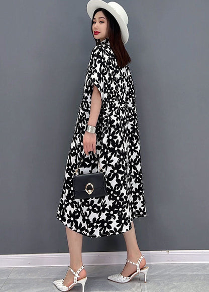 Black Print Cotton Long Dresses Turn-down Collar Short Sleeve