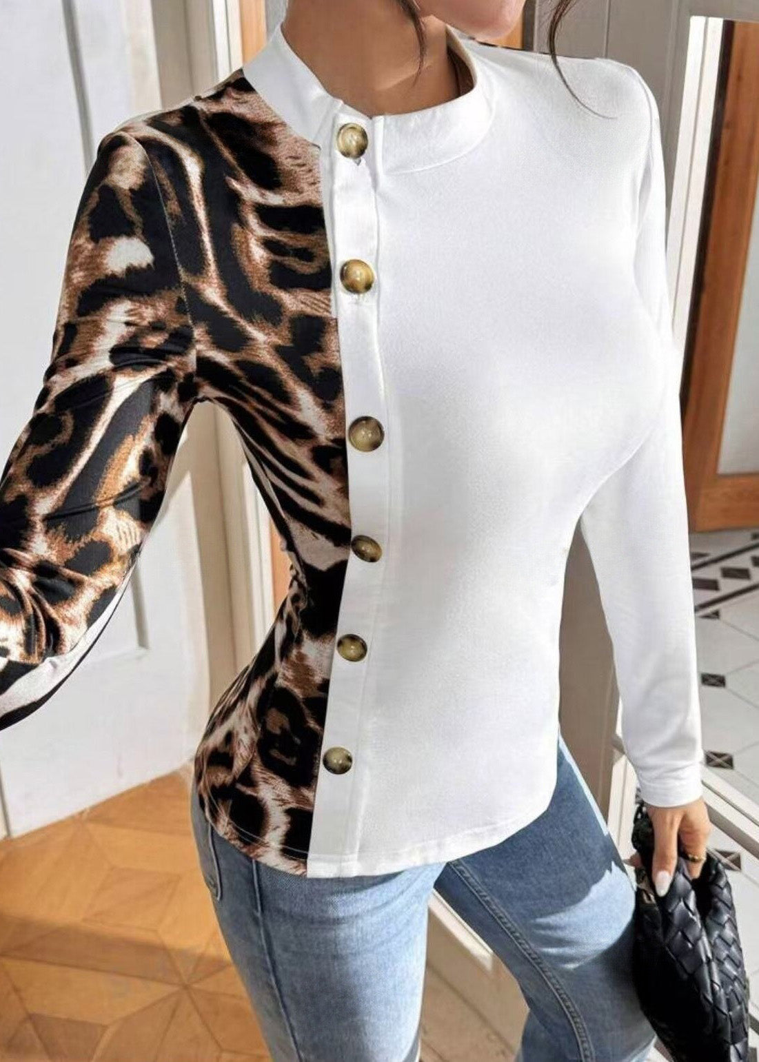 Slim Fit Leopard Print Patchwork Long Sleeved T-shirt