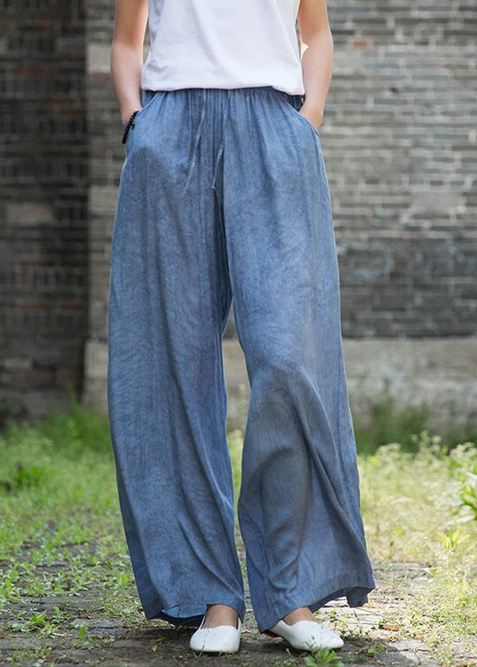 Denim Blue Elastic Waist Pockets Cotton Straight Pants Fall