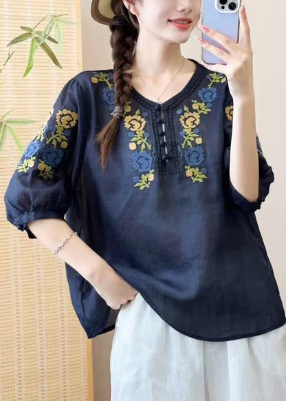 Diy Orange O Neck Embroideried Patchwork Linen Shirts Bracelet Sleeve