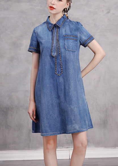 Blue Peter Pan Collar Necktie Embroideried Cotton Denim Dresses Short Sleeve