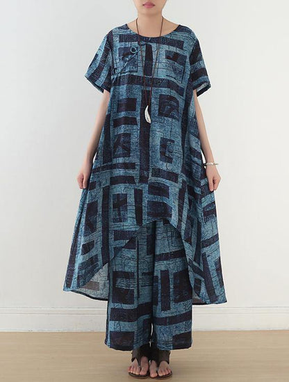 Gray Prints Chiffon Two Pieces Side Open Tops and Elastic Waist Wide Leg Pants