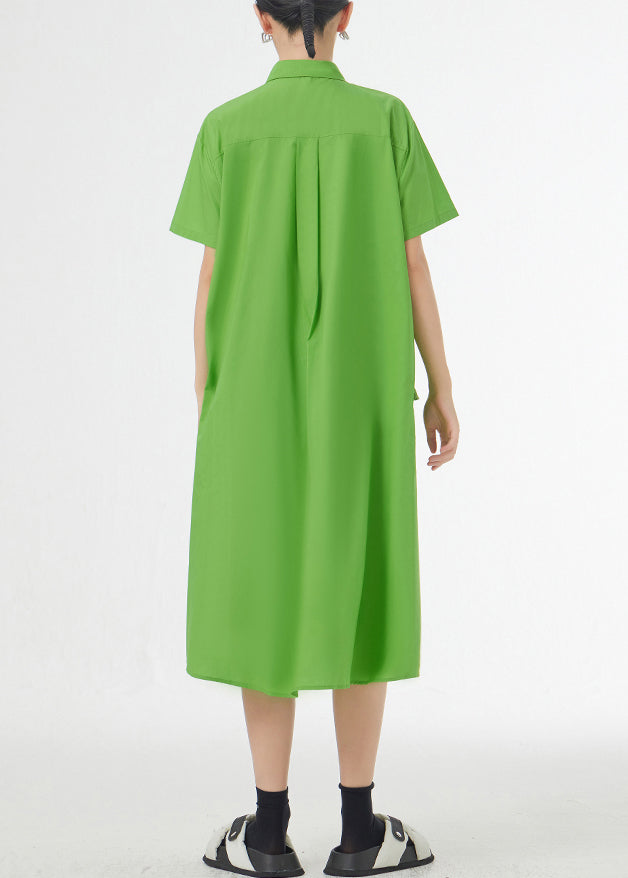Grass Green Ruffled Button Patchwork Cotton Shirts Dress Summer