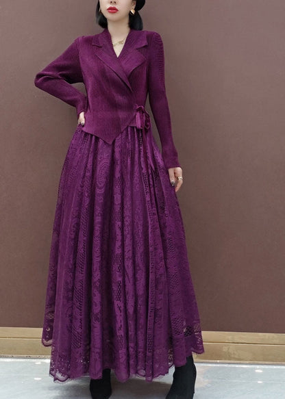 Fitted Purple Tie Waist Peter Pan Collar Knit Tops Lace Skirts Sets Two Pieces Spring