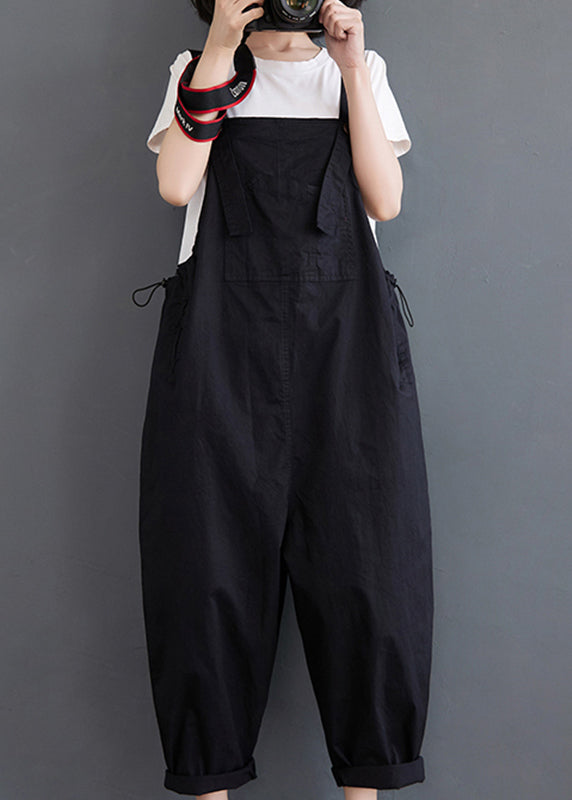 Black Slash Neck Drawstring Button Pockets Jumpsuit Fall