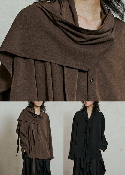 Coffee Wrinkled Button Top Lantern Sleeve