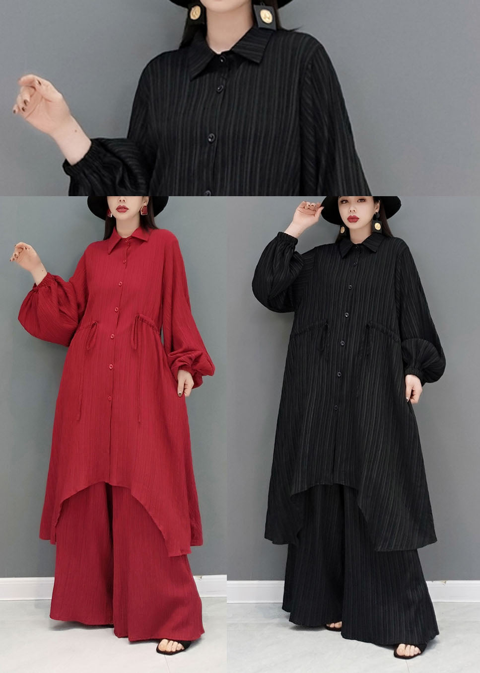 Red Loose Cotton Long Shirt and Straight Pants Two Pieces Set Tie Waist Spring