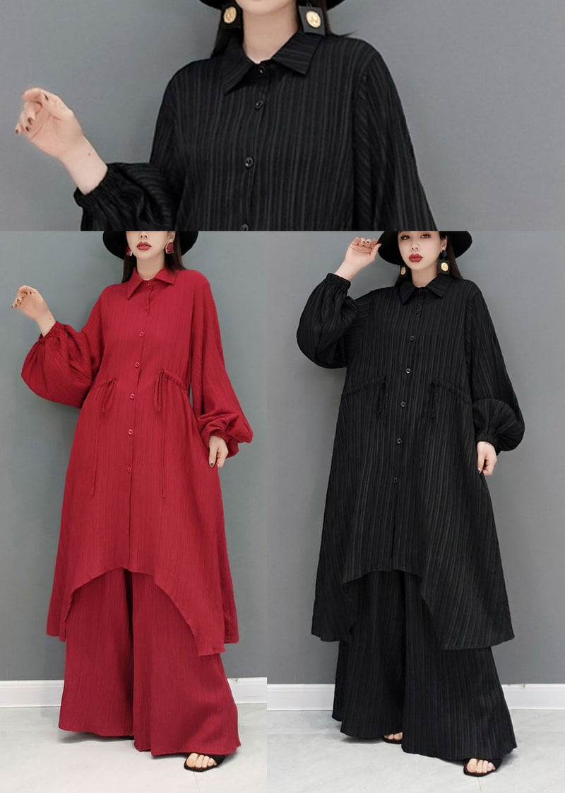 Red Loose Cotton Long Shirt and Straight Pants Two Pieces Set Tie Waist Spring
