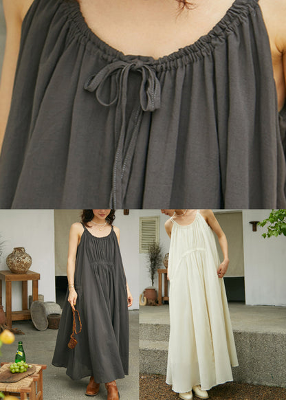 Beige O-neck Wrinkled Cotton Maxi Spaghetti Strap Dress Sleeveless