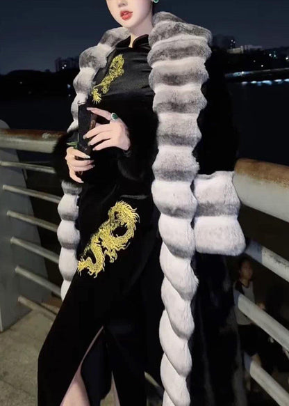 French Beige Peter Pan Collar Totoro Patchwork Leather and Fur Long Coat Winter
