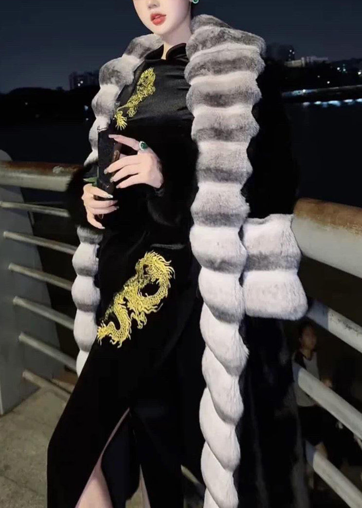 French Beige Peter Pan Collar Totoro Patchwork Leather and Fur Long Coat Winter