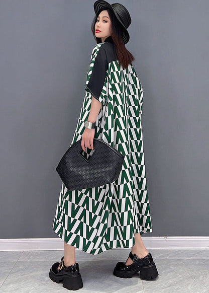 Loose Green V Print Peter Pan Collar Button Chiffon Shirt Dresses Short Sleeve