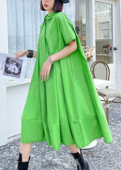 Green Button Peter Pan Collar a Line Dress Short Sleeve