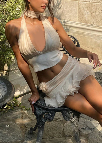Beige V Neck Lace Up Tank and Skirts Cotton Two Pieces Set Sleeveless