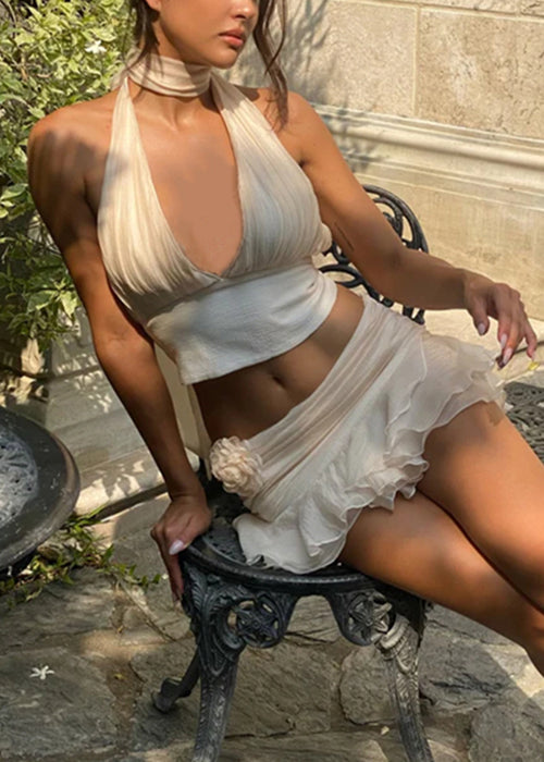Beige V Neck Lace Up Tank and Skirts Cotton Two Pieces Set Sleeveless