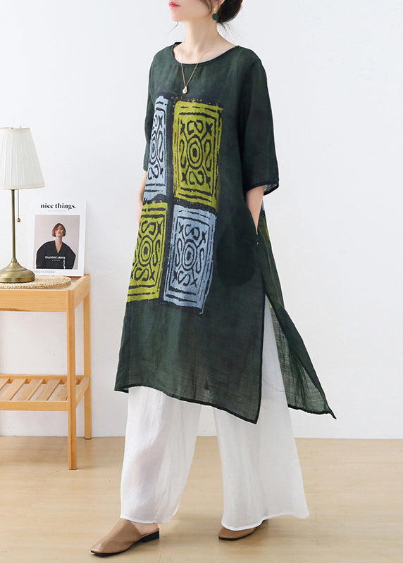 Green O-neck Side Open Print Linen Long Dresses Half Sleeve