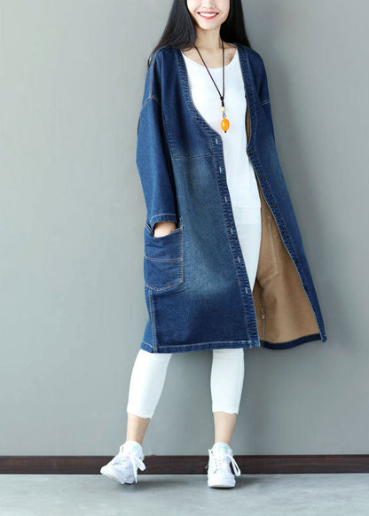 Blue V Neck Pockets Applique Cotton Denim Coats Spring