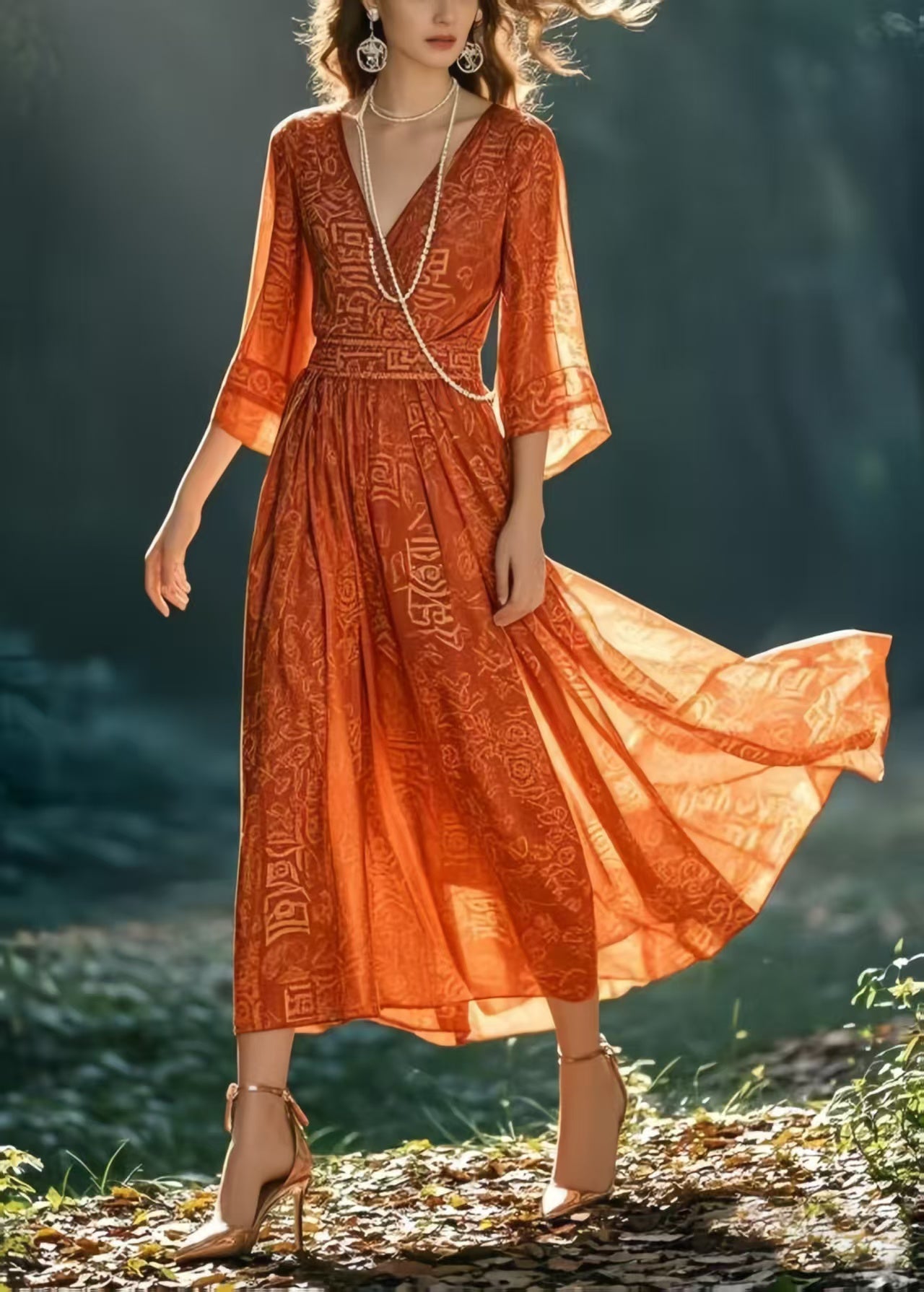 Italian Orange Print Chiffon Holiday Dresses Bracelet Sleeve Summer