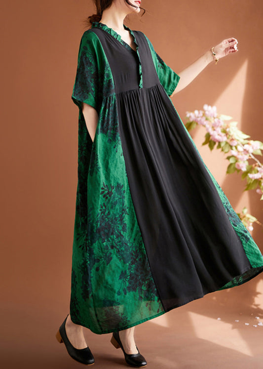 Green V Neck Print Patchwork Maxi Dresses Summer