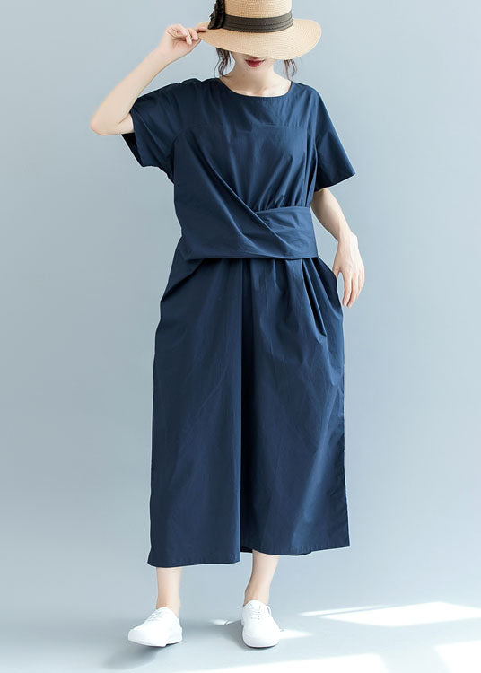Fitted Navy Cinched Wrinkled Cotton Dress Short Sleeve