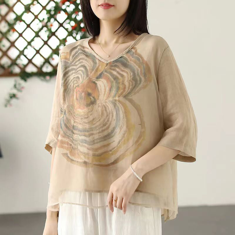 Green V Neck Print Tulle T Shirts Summer