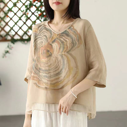Green V Neck Print Tulle T Shirts Summer