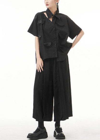 Black Asymmetrical Design Shirt Top Short Sleeve