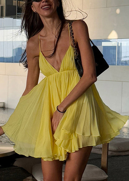 French Yellow Backless Halter Spaghetti Strap Dress Summer