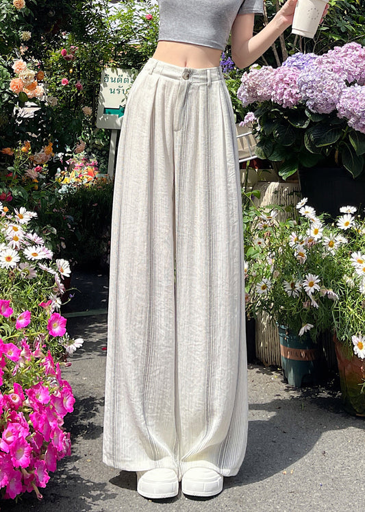 Grey Pockets High Waist Cotton Summer Pants Striped