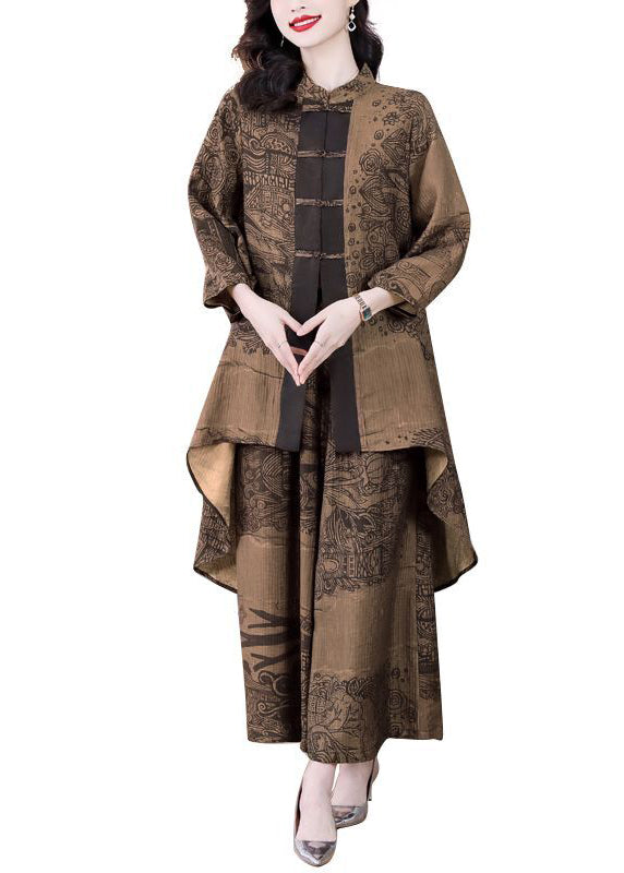Coffee Print Low High Design Chinese Button Silk Two Pieces Set Spring