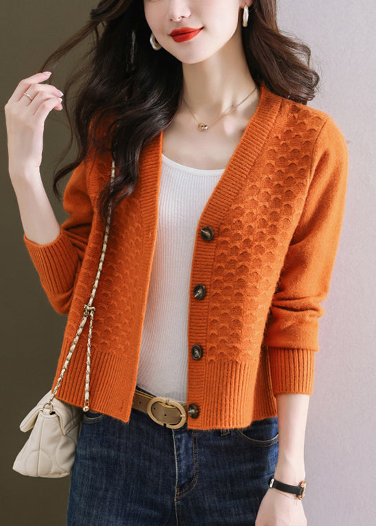 Orange V Neck Button Wool Knit Cardigan Winter