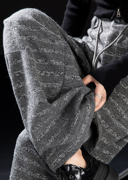 Grey Oversized Striped Woolen Straight Pants Winter