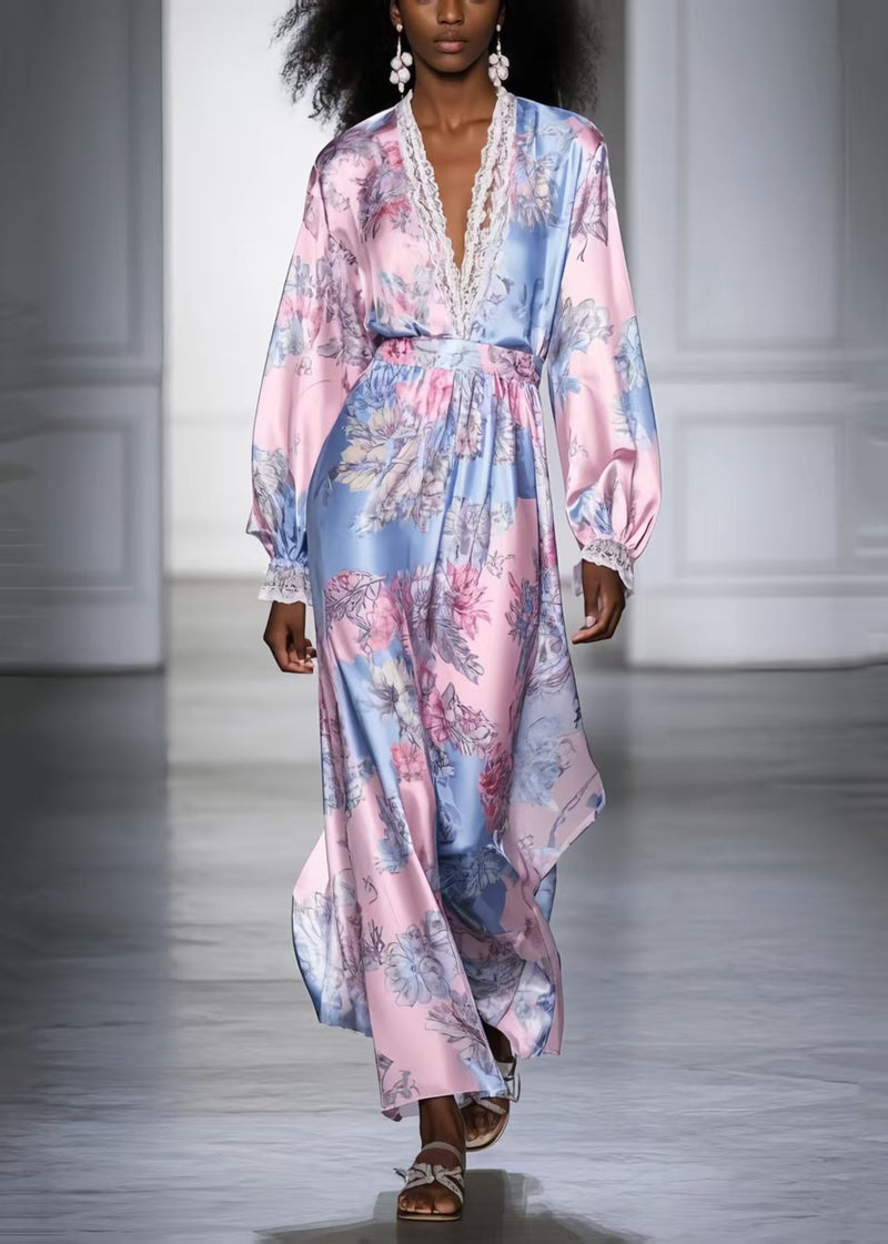Pink V Neck Print Silk Vacation Dresses Spring
