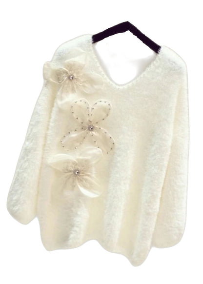 Pink V Neck Cozy Mink Hair Knitted Sweater Winter