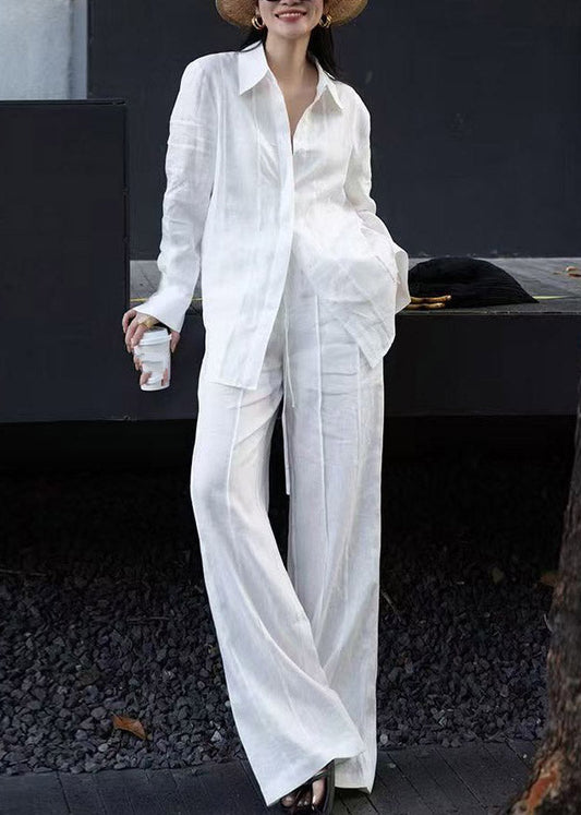 White Button Linen Shirts and Wide Leg Pants Two Pieces Set Spring