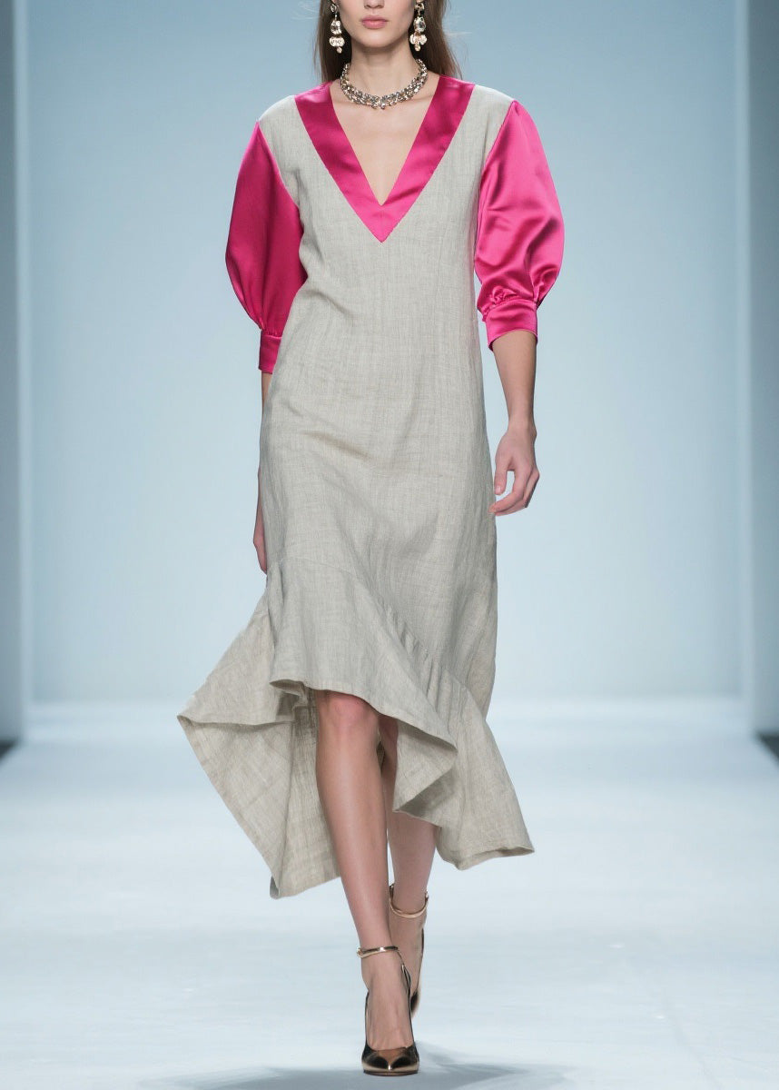 Colorblock Ruffled Patchwork Linen Silk Long Dress Summer