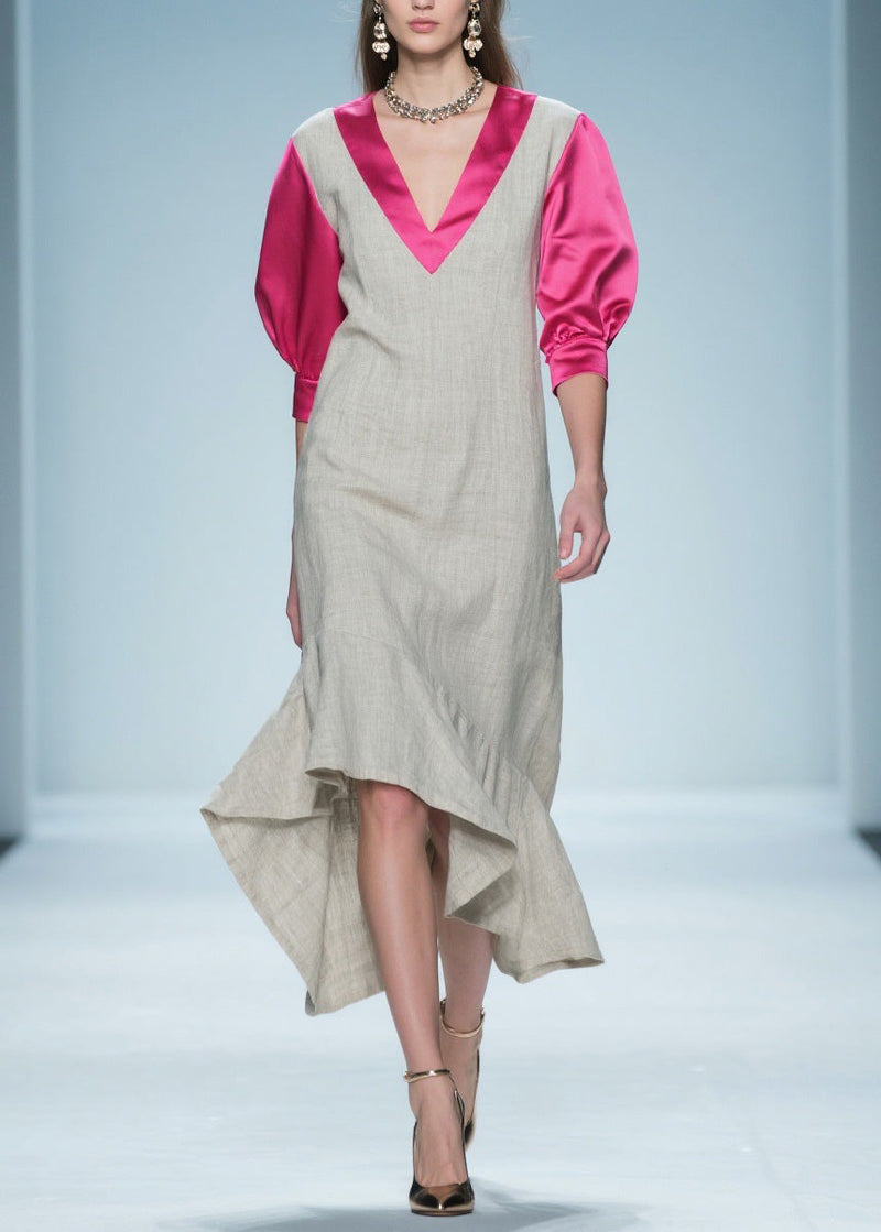 Colorblock Ruffled Patchwork Linen Silk Long Dress Summer