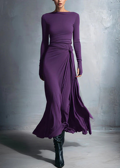 New Minimalist Grey Slash Neck Slim Fit Long Dress Spring