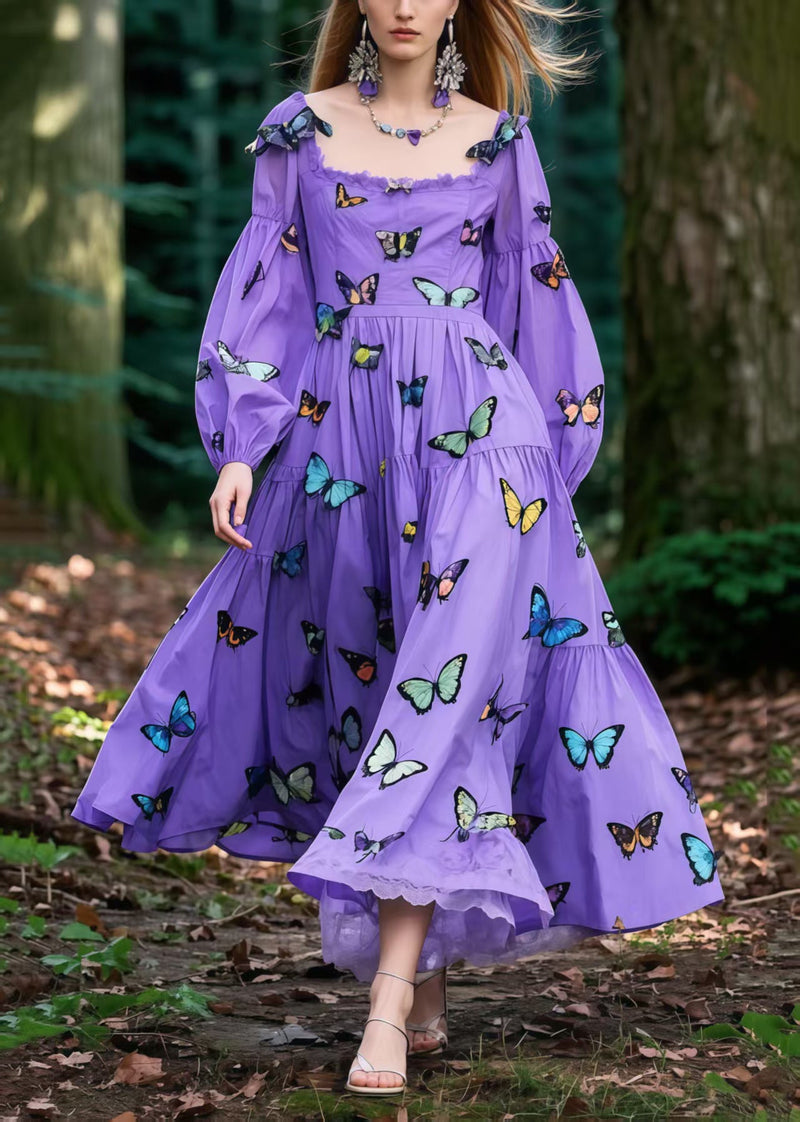 Purple Butterfly Exra Large Hem Cotton Holiday Dress Spring