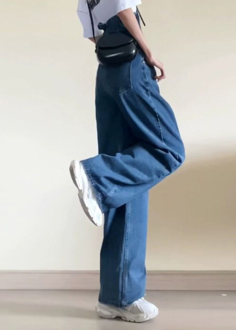 Blue High Waist Pockets Patchwork Straight Jeans Fall