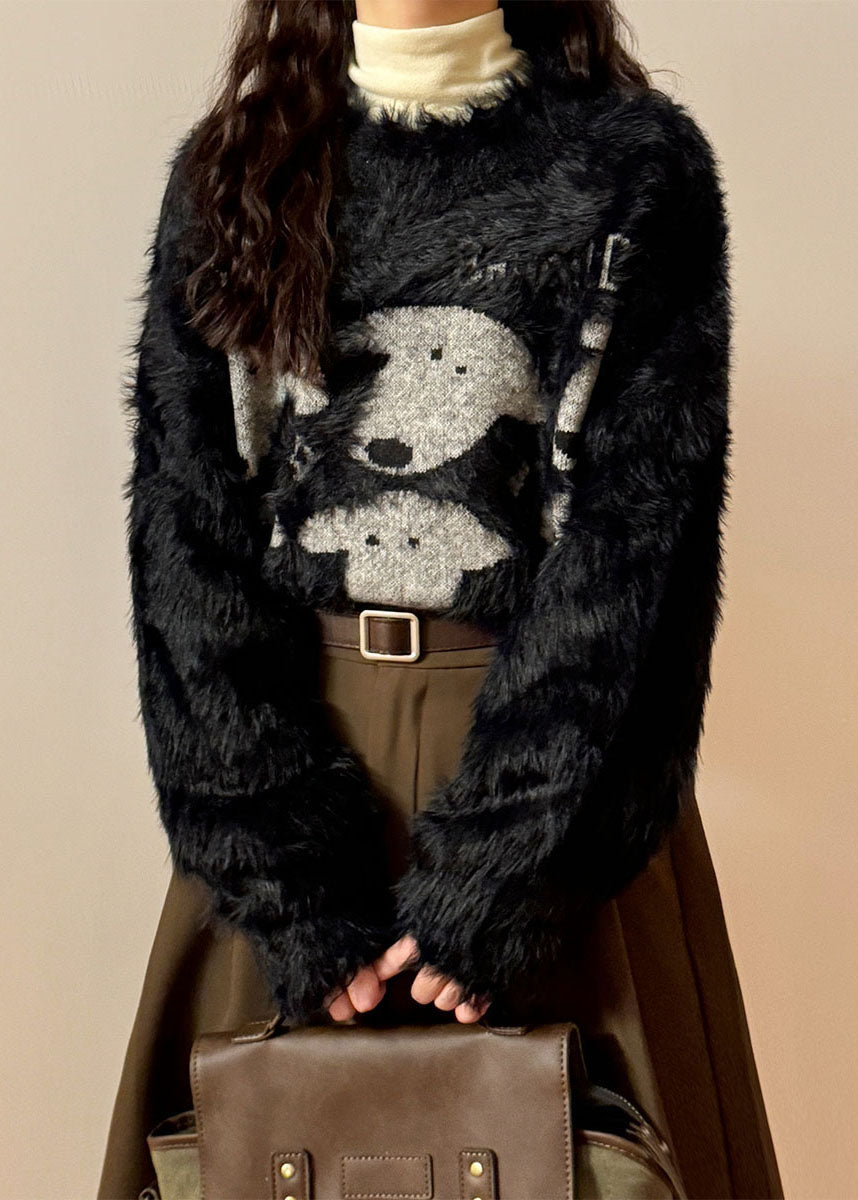 Black O Neck Dog Head Cozy Mink Velvet Sweater Spring